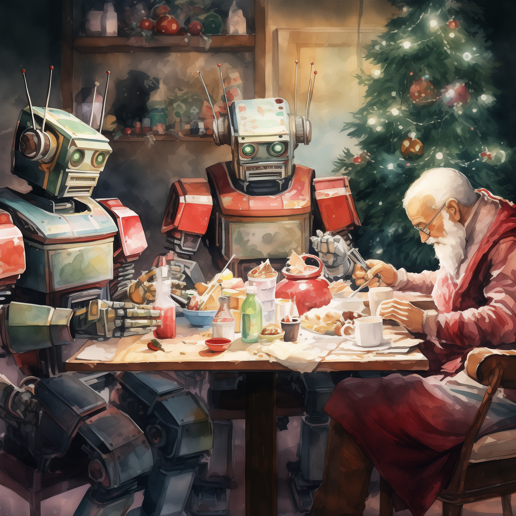 Watercolor painting of Santa sitting at a small dinner table in a cramped apartment eating Chinese takeout with two robots.