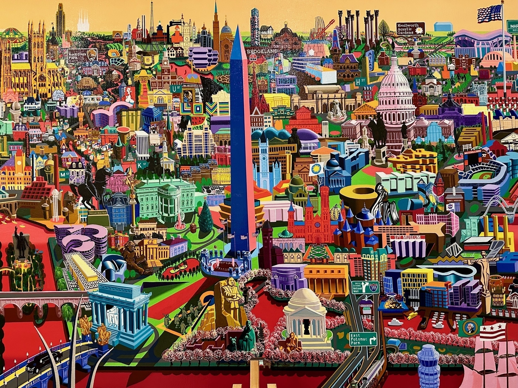 A pop art painting of the Washington, DC skyline.