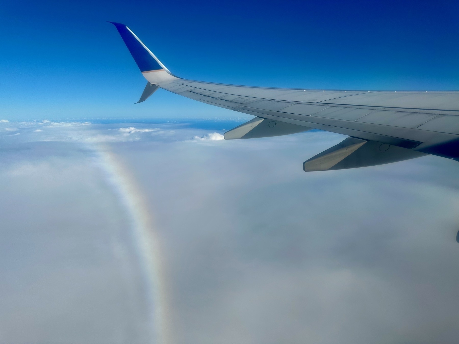 Photo from an airplane window showing the wing and a rainbow arched across the low white clouds.
