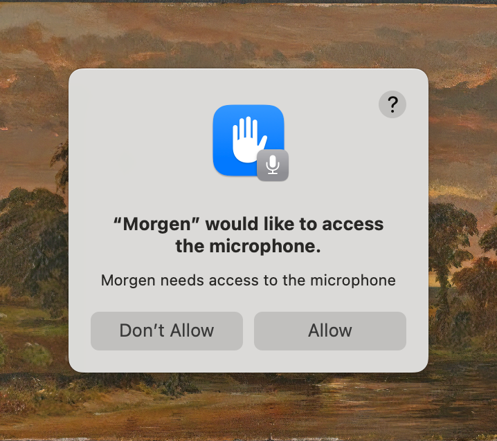 MacOS alert window asking to allow microphone access for Morgen.