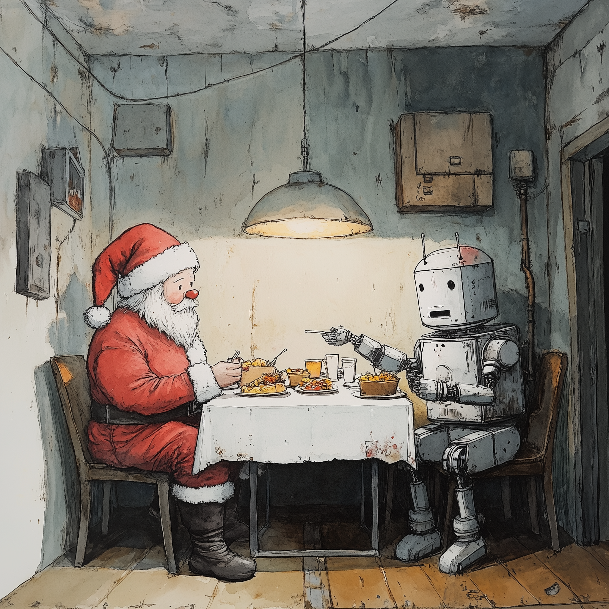 Santa and two robots are sitting at the dinner table in a cramped apartment eating Chinese takeout, watercolor painting.