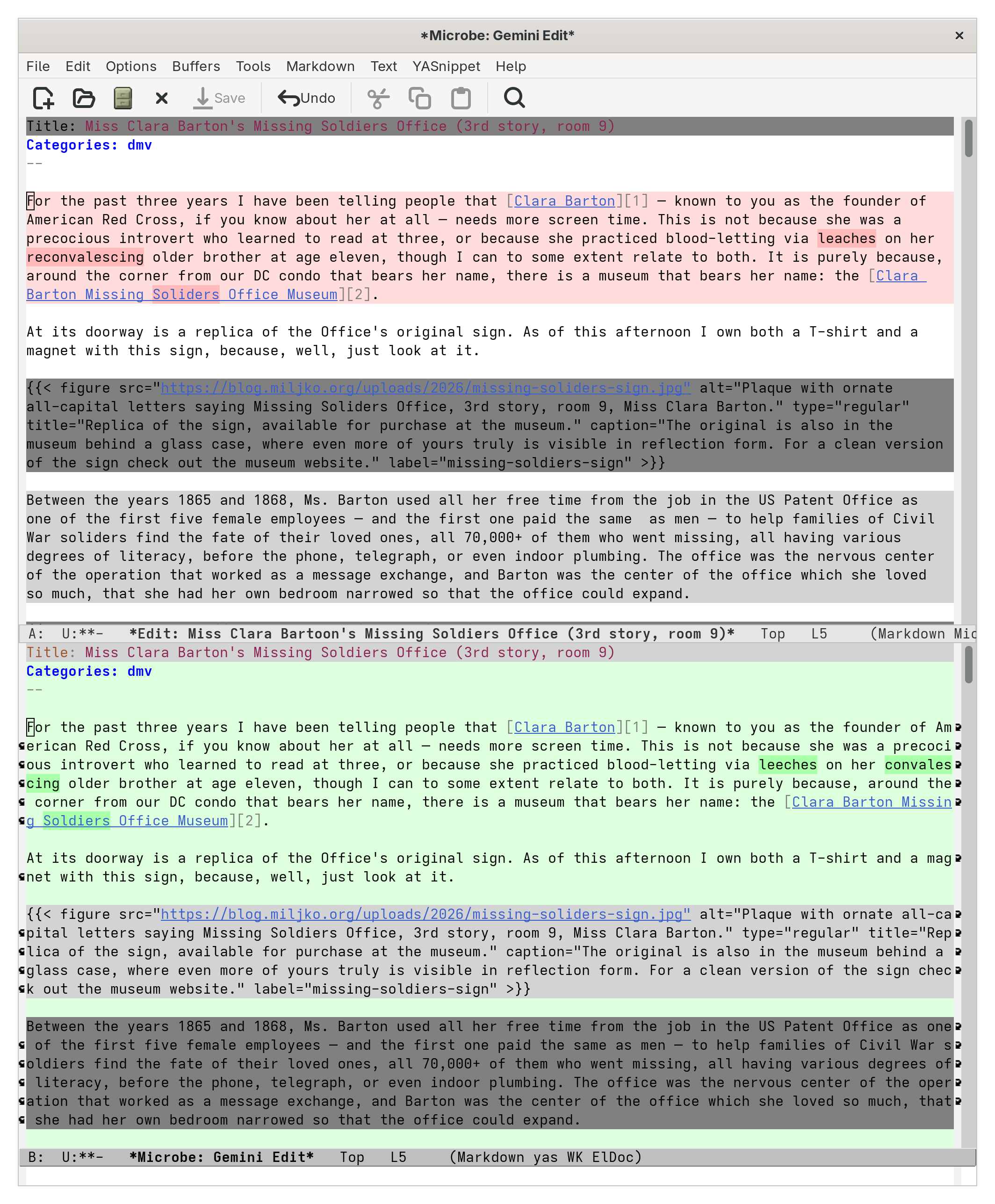 Emacs screenshot showing the submitted text marked up in red on top, and the same text after proofreading marked up in green at the bottom.